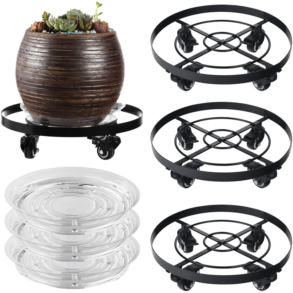 3 Packs Large Metal Plant Caddy 12.6” Plant Dolly with Wheels Heavy Duty Iron Rolling Plant Stand