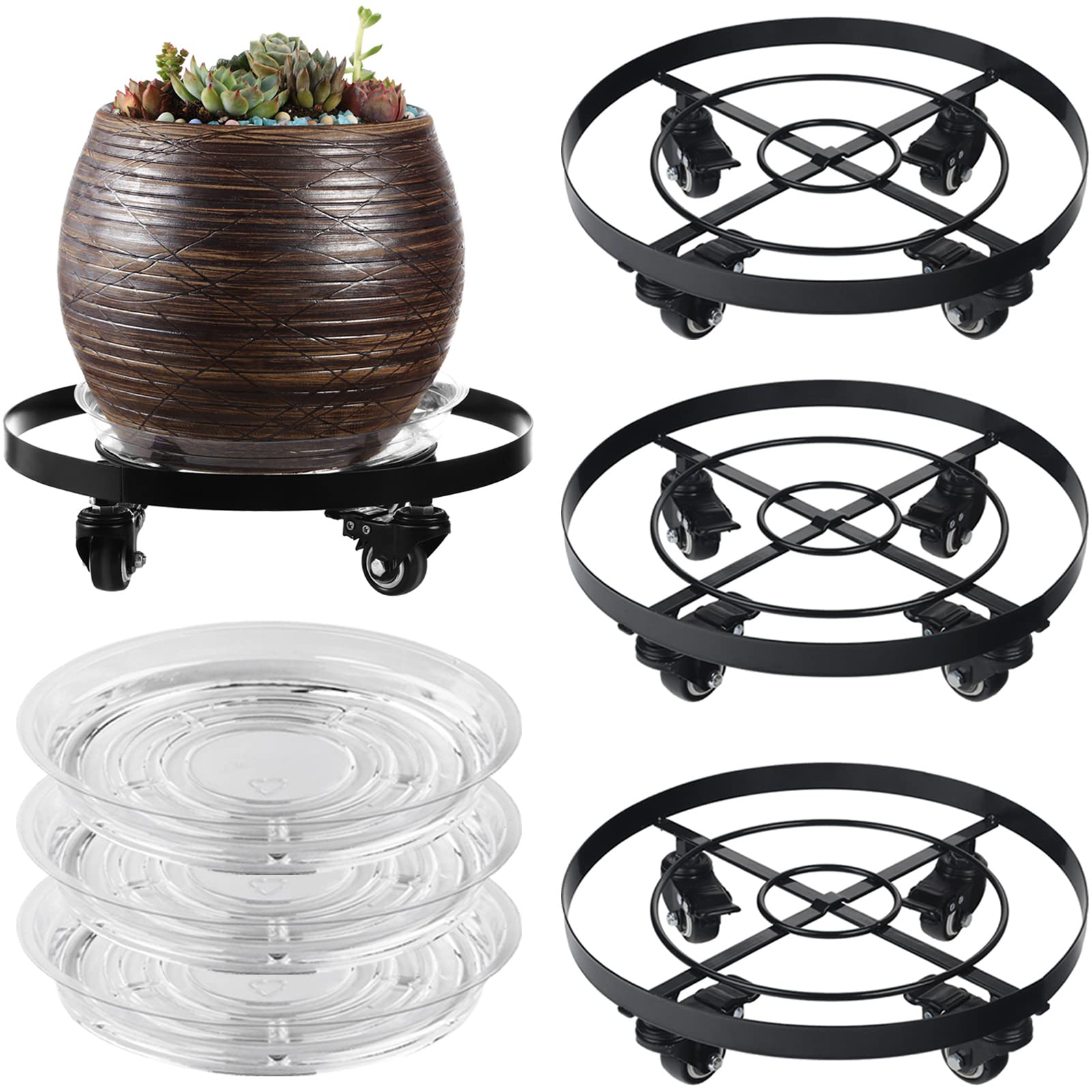 3 Packs Large Metal Plant Caddy 12.6” Plant Dolly with Wheels Heavy Duty Iron Rolling Plant Stand