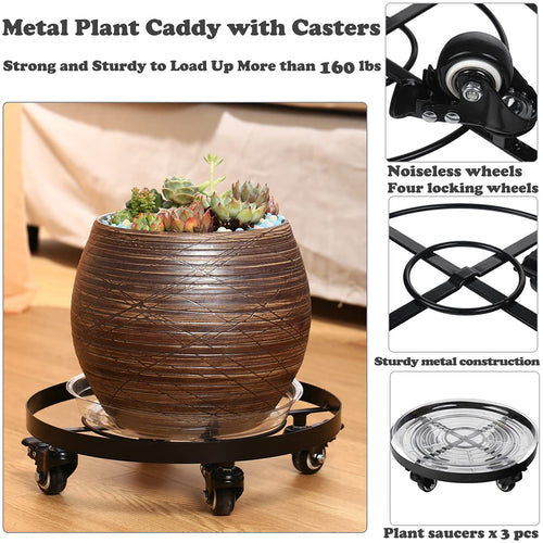3 Packs Large Metal Plant Caddy 12.6” Plant Dolly with Wheels Heavy Duty Iron Rolling Plant Stand