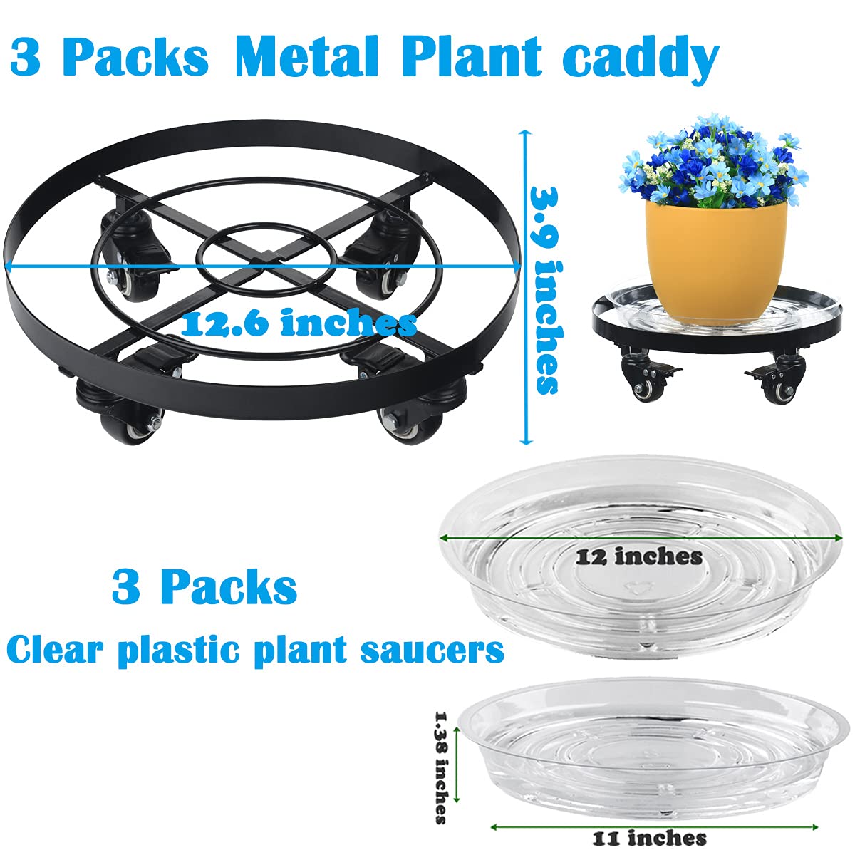 3 Packs Large Metal Plant Caddy 12.6” Plant Dolly with Wheels Heavy Duty Iron Rolling Plant Stand