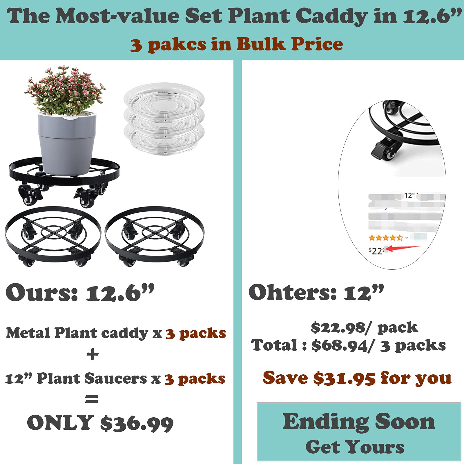 3 Packs Large Metal Plant Caddy 12.6” Plant Dolly with Wheels Heavy Duty Iron Rolling Plant Stand