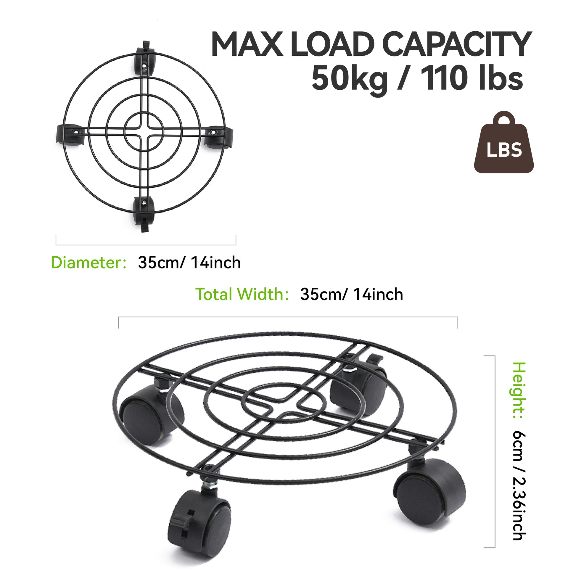 Wedoplant Metal Plant Caddy 14 Inch with 360° Lockable Wheels, Rustpoof Metal Plant Stands for Floors and Lawns