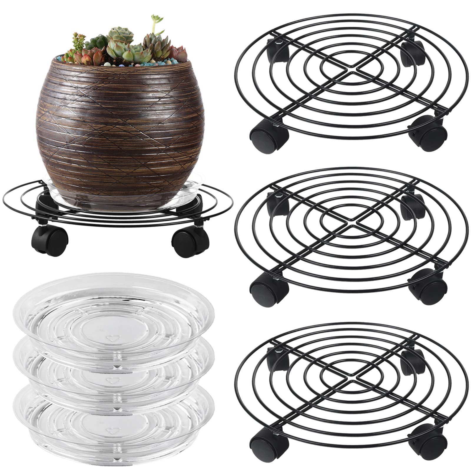 3 Packs Large Metal Plant Caddy 13.8” Plant Dolly with Wheels Heavy Duty Iron Rolling Plant Stand