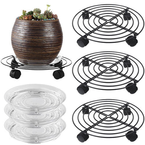 3 Packs Large Metal Plant Caddy 13.8” Plant Dolly with Wheels Heavy Duty Iron Rolling Plant Stand