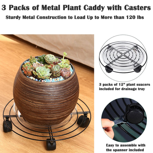 3 Packs Large Metal Plant Caddy 13.8” Plant Dolly with Wheels Heavy Duty Iron Rolling Plant Stand