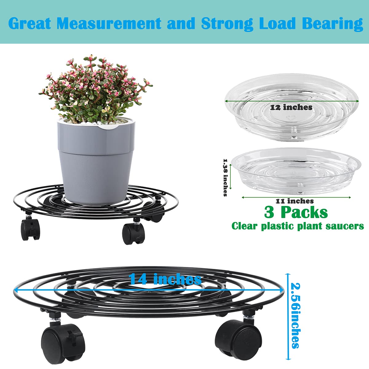 3 Packs Large Metal Plant Caddy 13.8” Plant Dolly with Wheels Heavy Duty Iron Rolling Plant Stand