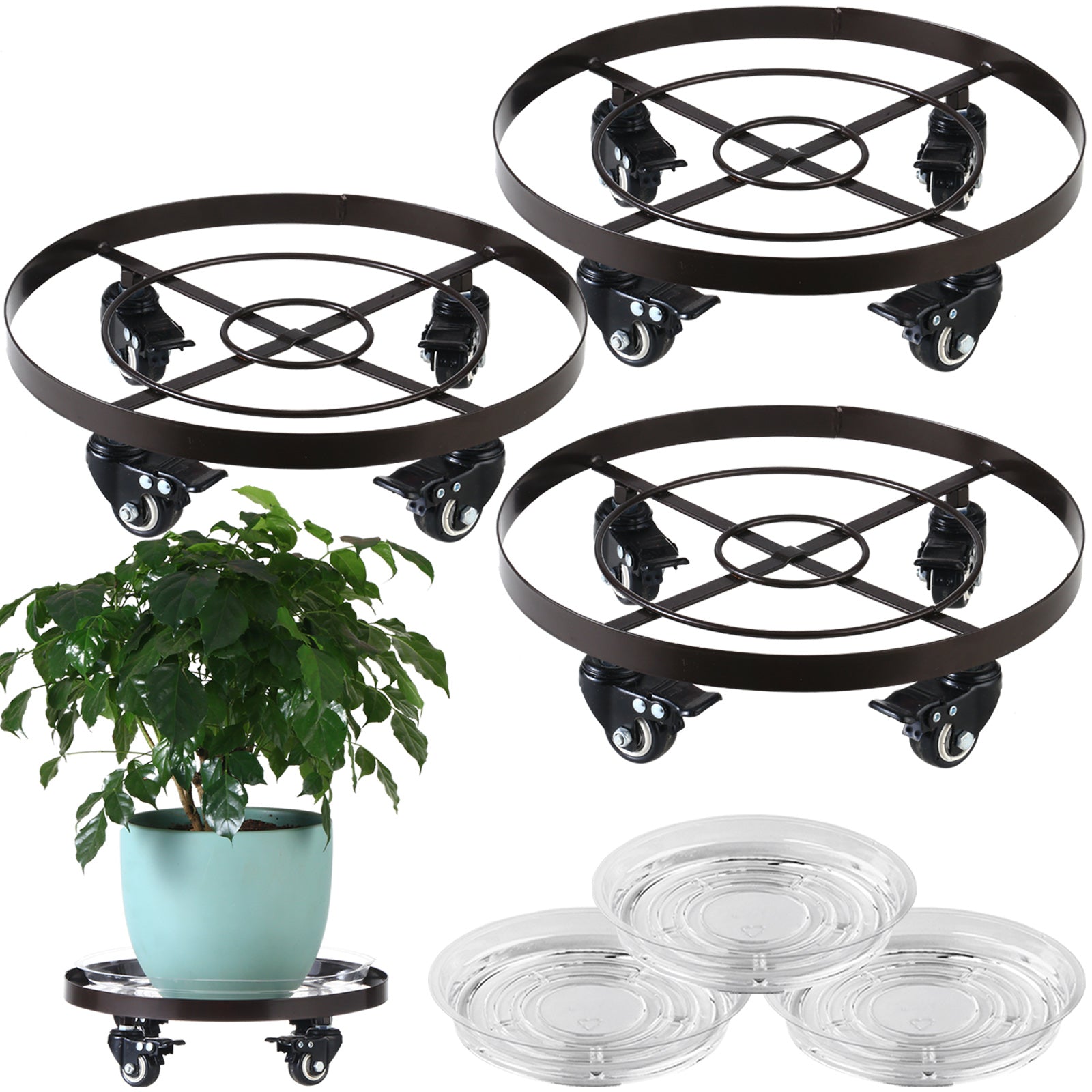3 Packs Large Metal Plant Caddy 12.6” Plant Dolly with Wheels Heavy Duty Iron Rolling Plant Stand